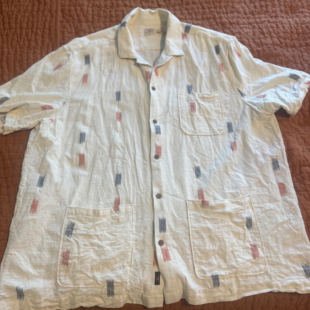 Faherty Brand Mens XXL Short Sleeve Ikat Print Linen Blend Camp Shirt Cream